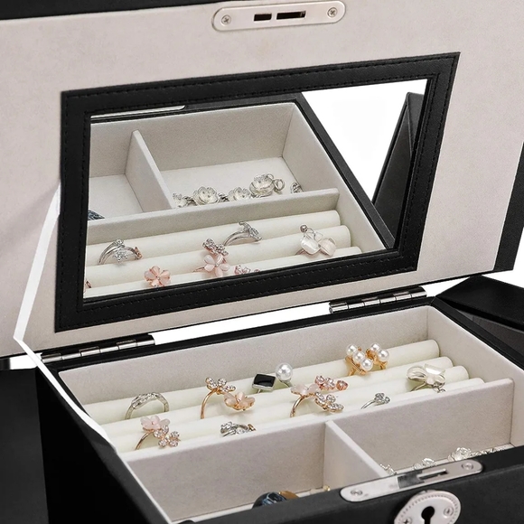 6 Tier Jewelry Box w/ Drawers, Mirror, Lock - Black Vegan Leather - Picture 5 of 7